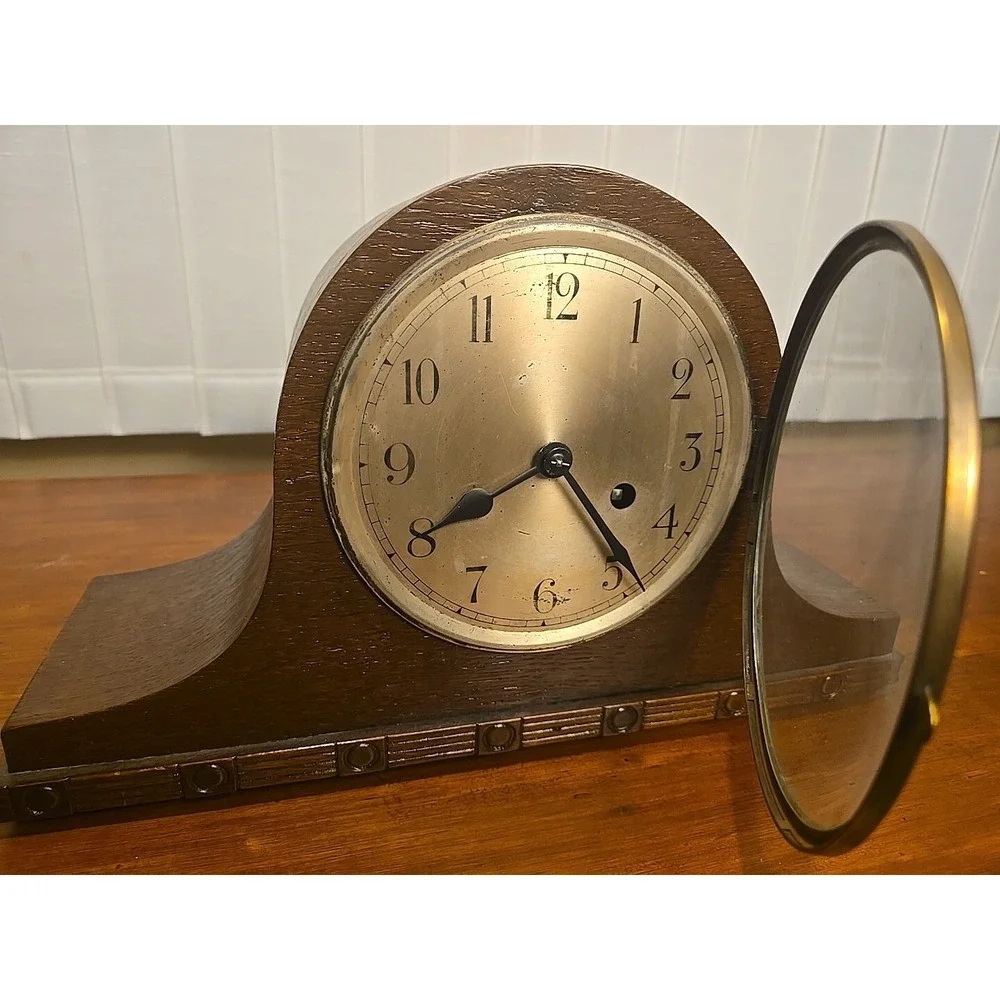ANTIQUE NAPOLEON HAT CHIMING MANTEL CLOCK  OAK CASE